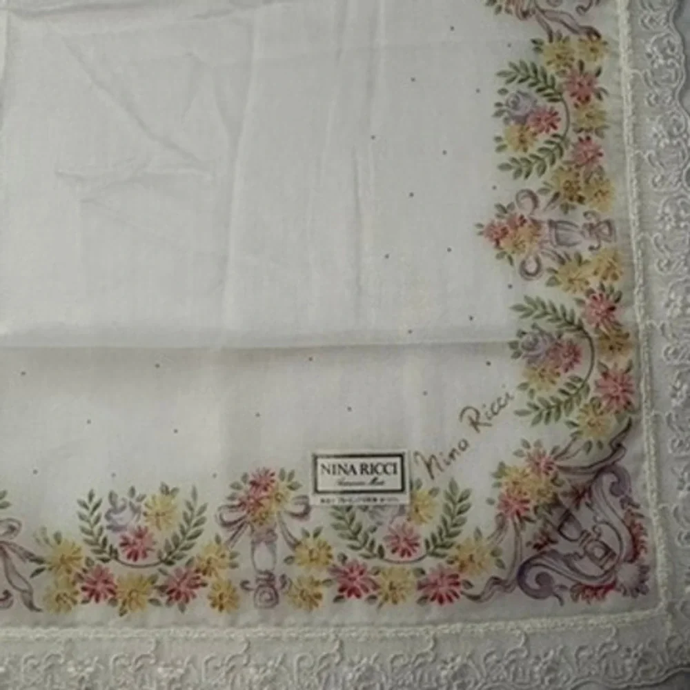 Vtg NINA RICCI Scarf Handkerchief Floral Lace Cotton White 17